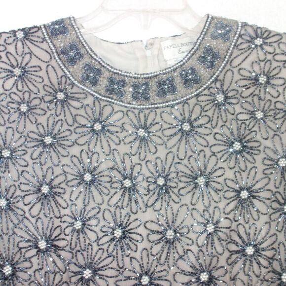 Vintage 100% Silk Papell Boutique Evening Black Silver Beaded Sequin Top MED - Picture 3 of 9